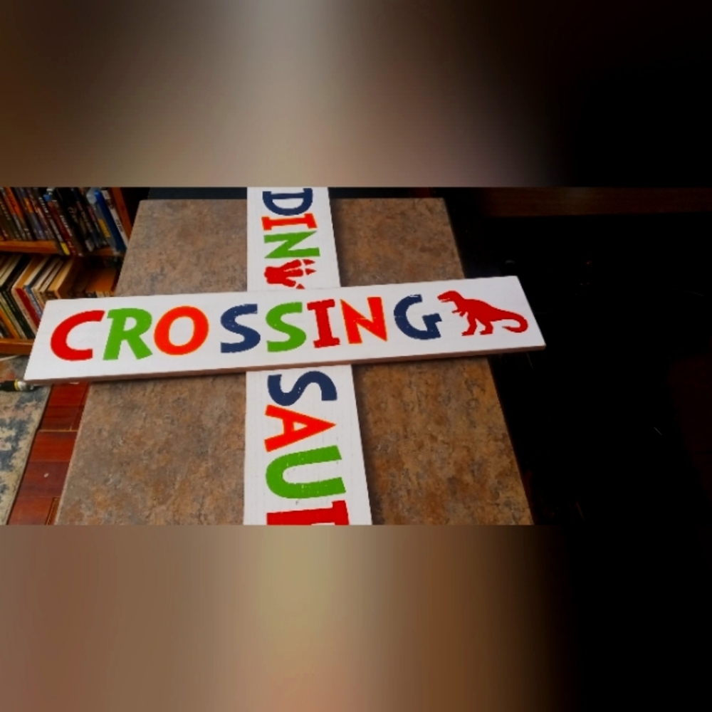 Dinosaur Crossing Wooden Name Plaque - Colorful Kids Sign